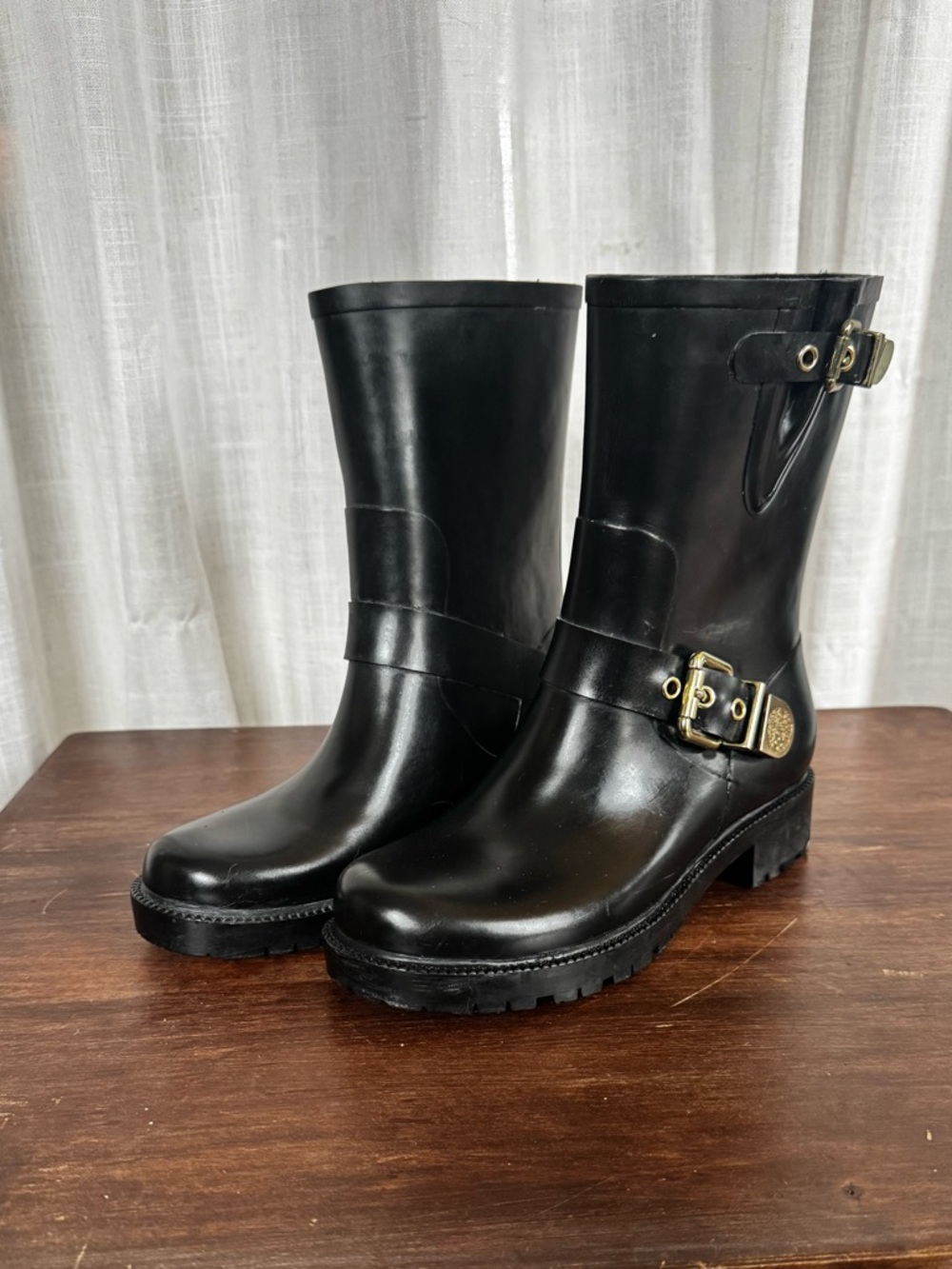 Vince Camuto Black Mid-Calf Rain Boots with Gold Buckle Accents